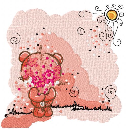 Teddy bear with flower happy embroidery design