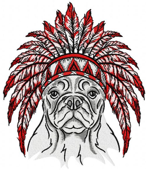 Bulldog with warbonnet machine embroidery design