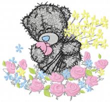 Teddy bear and the sea of flowers embroidery design