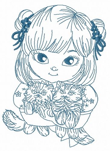Japanese girl with cats 4 machine embroidery design