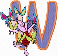 Piglet love butterflies letter W embroidery design
