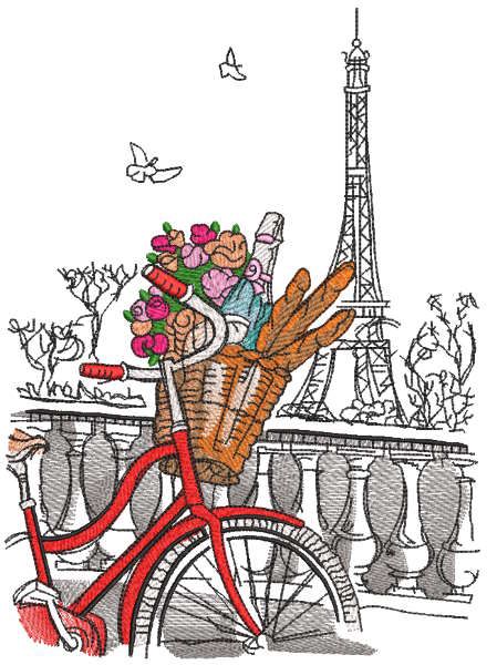 Bicycle with basket at the Eiffel Tower embroidery design.