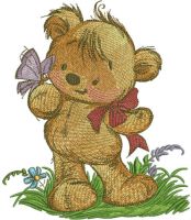 Teddy bear playing with butterfly embroidery design