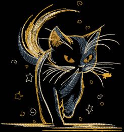 Golden kitten going to the night embroidery design