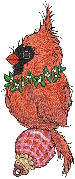 Cardinal sits on top of Christmas ball embroidery design