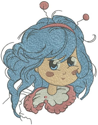 Bluehaired girl with bee horns machine embroidery design