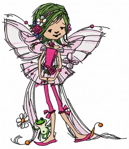 Young fairy with frog machine embroidery design