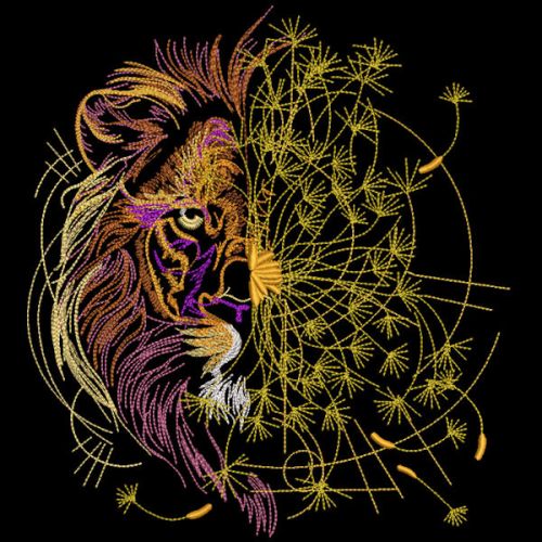 Lion chamomile black background embroidery design