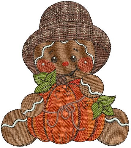 Gingerbread man with pumpkin machine embroidery design