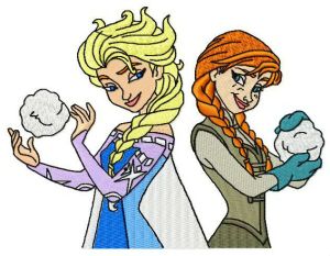 Sisters playing snowballs embroidery design