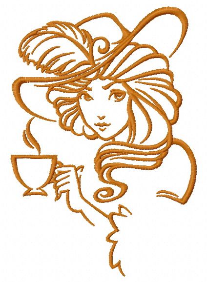 Retro girl with coffee cup 2 machine embroidery design