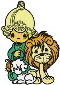 Diseño bordado de niño con un cordero y un león.