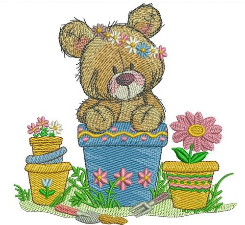 Teddy bear in flower pot embroidery design