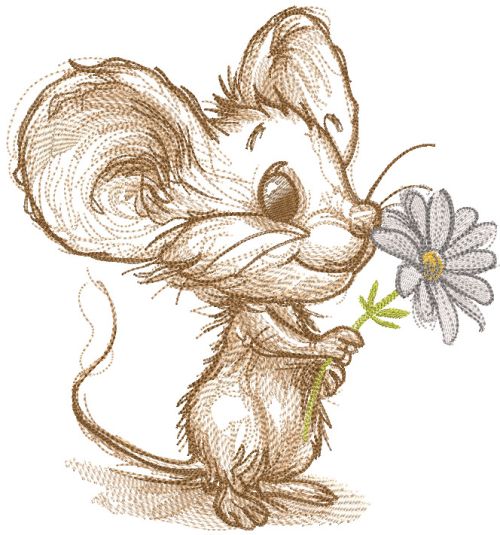 Mouse with Chamomile Sketch Embroidery Design – Whimsical Nature Stitch