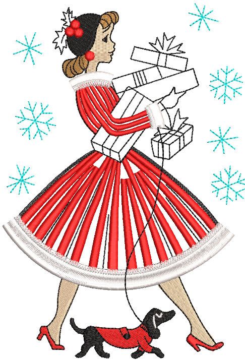 Lady with Christmas Gift embroidery design