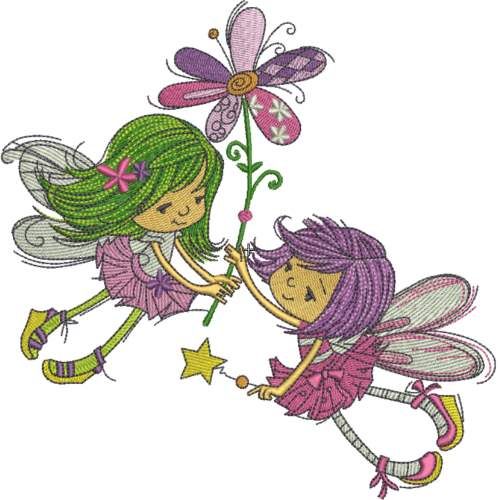 Two flying fairies embroidery design
