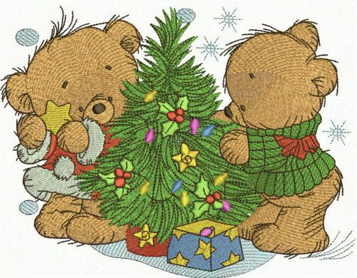 Bear decorating New Year tree machine embroidery design