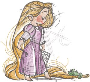 Rapunzel and pascal sketch embroidery design