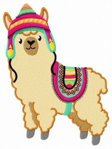 Alpaca con sombrero colorido y diseño bordado de tela de caballo.