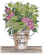 Spring bouquet with roses in tin bucket embroidery design