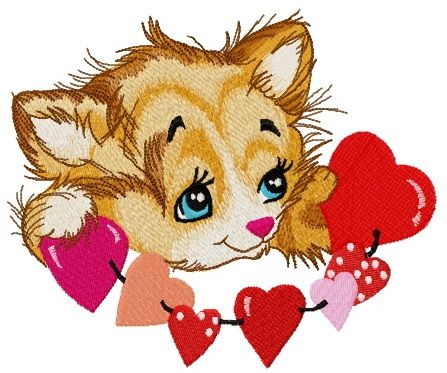 Little kitten with garland of hearts machine embroidery design