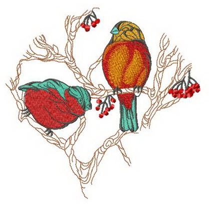 Rowan and two bullfinches machine embroidery design