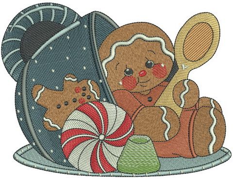 Tea time for gingerbread man machine embroidery design