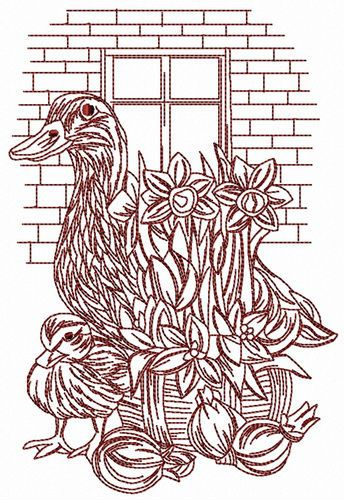 Ducks near brick wall machine embroidery design
