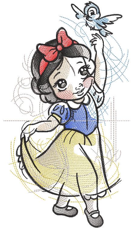 Snow white with bird sketch style embroidery design