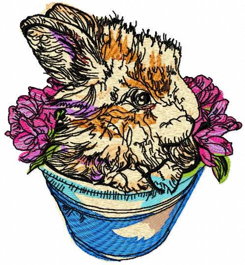 Rabbit in flower pot embroidery design
