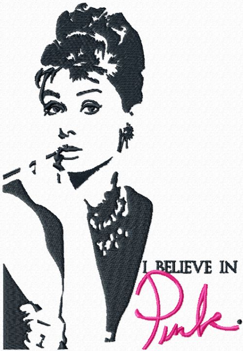 Audrey Hepburn I believe in pink machine embroidery design
