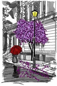 City rain girl under umbrella jacaranda