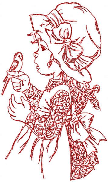 Retro girl playing with bird embroidery design