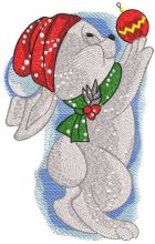 Bunny hangs toys on the Christmas tree embroidery design