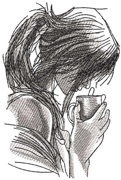 Sketch girl with hot cup drink embroidery design
