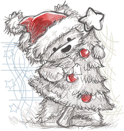 Santa teddy bear with christmas tree greyscale sketch embroidery design