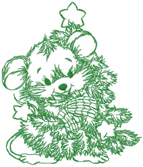 Mouse hugs Christmas tree one colored embroidery design