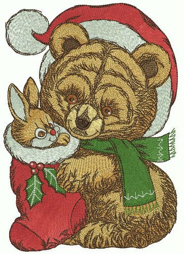 Retro teddy bear in Santa hat machine embroidery design 