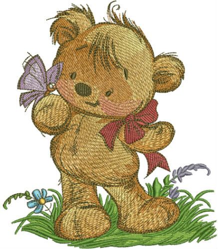 Teddy bear playing with butterfly machine embroidery design