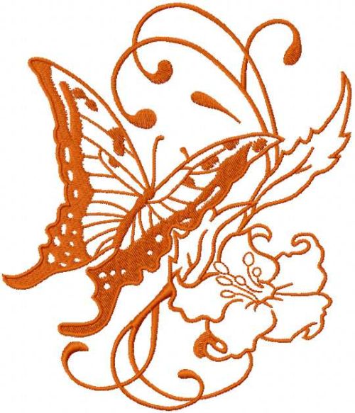 Orange vintage butterfly and flower embroidery design