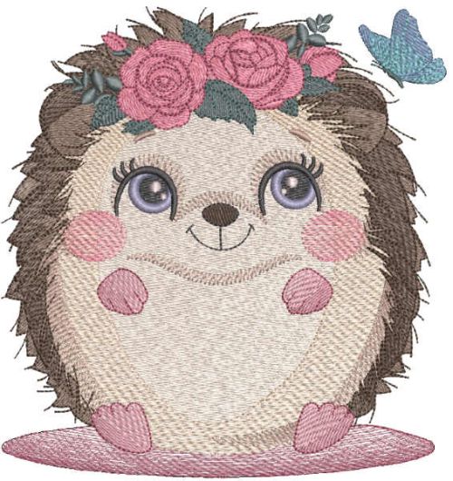 Hedgehog with a wreath of roses embroidery design