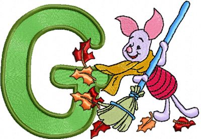 Piglet letter G free machine embroidery design