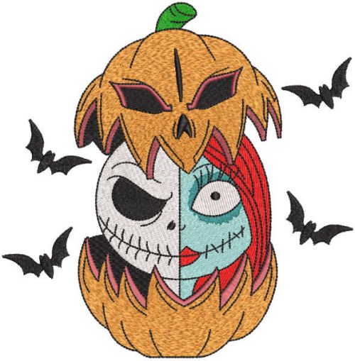 Jack and Sally inside a pumpkin embroidery design