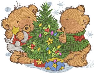 Bear decorating New Year tree embroidery design