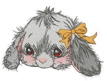 Fluffy bunny with orange bow on ear machine embroidery design