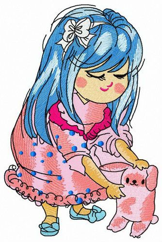 Bluehaired girl with pink bunny machine embroidery design 