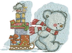Bear in a warm striped scarf embroidery design