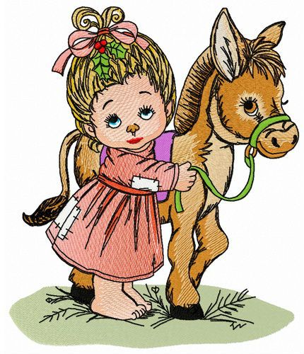 Young lady and her little pony machine embroidery design 