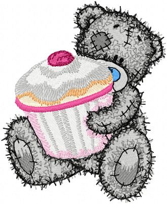 Teddy bear with big cupcake machine embroidery design