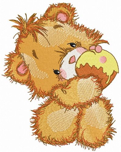 Teddy bear eats cupcake machine embroidery design